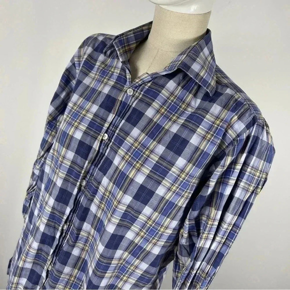 🌟Etro men shirt size 39 blue yellow  plaid - Picture 3 of 9